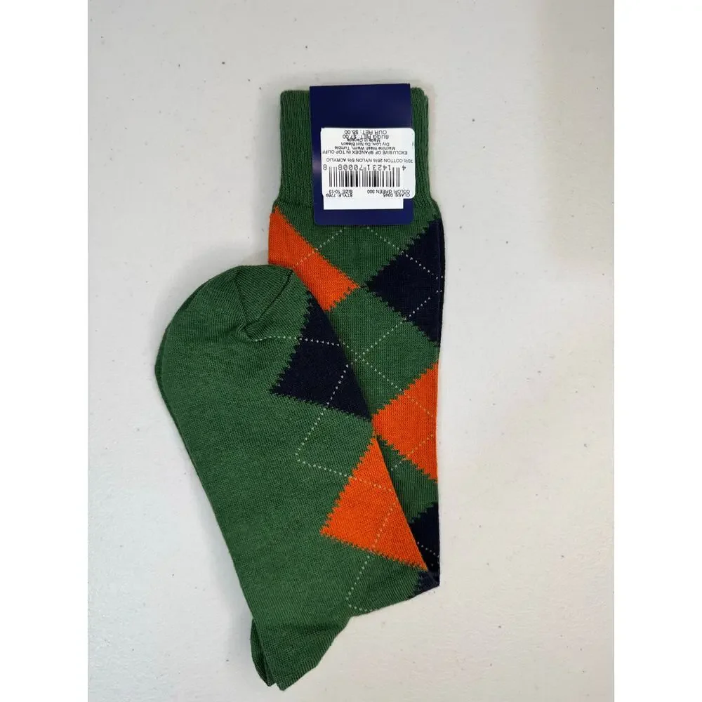 VTG Bass America Green Navy Orange Argyle Dress Socks Size 10-13 Cotton Blend